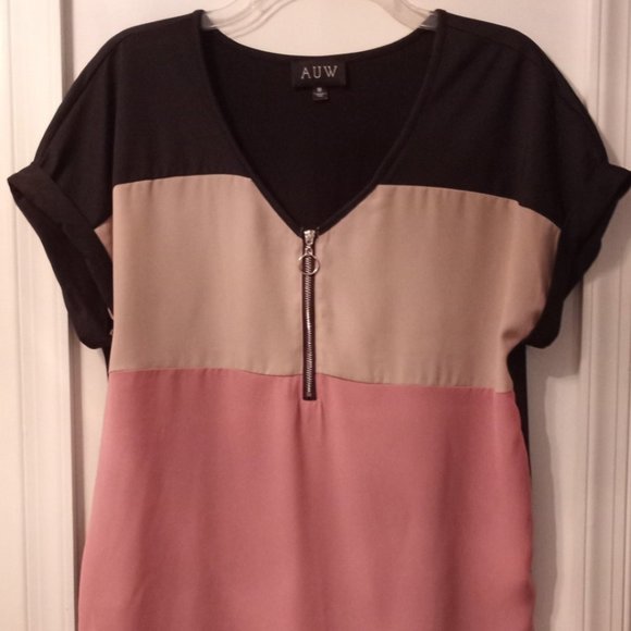 Pre-Owned Women’s A U W Color Block Short Sleeve Top (Sz M) - Picture 1 of 2